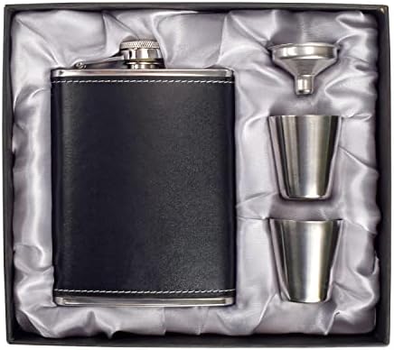Hip Flasks for Men 8oz Leather Flask Gift Set,LHD HOME 304 Stainless Steel Flask Set w/Funnel Shot Glasses Lovely Gift for Whiskey Rum Groomsman Best Man Usher Wedding Camping-Leather Black 8oz