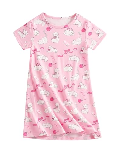 PATPAT Girls Nightgowns Cute Summer Sleep Shirts Short Sleeve Sleepwear Soft Princess Nightdress Pink Cat 8-9 Years