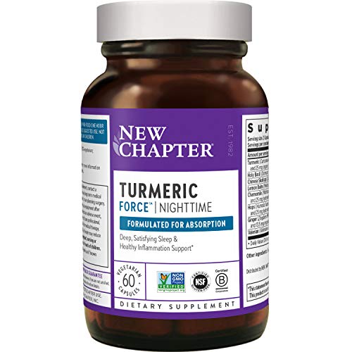 New Chapter Turmeric Supplement + Sleep Aid - Turmeric Force Nighttime for Sleep Support with Valerian Root + Ginger + NO Black Pepper Needed + Non-GMO Ingredients - 60 Vegetarian Capsule