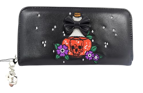 Mystical Gothic Zip Around Wallet, Poison Bottle Embroidery with Black Bow, Faux Leather Skull & Floral Design Purse