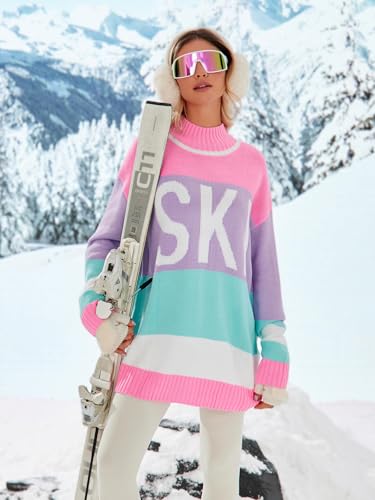 Image of Yousify Womens Sweaters Fall 2025 Oversized Color Block Ski Sweater Crewneck Winter Tops S-2XL