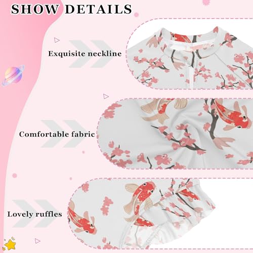 Koi Fish Pink Cherry Blossom Girls Long Sleeve Rashguard Swimsuit UV Protection One-Piece Swimwear B04050724