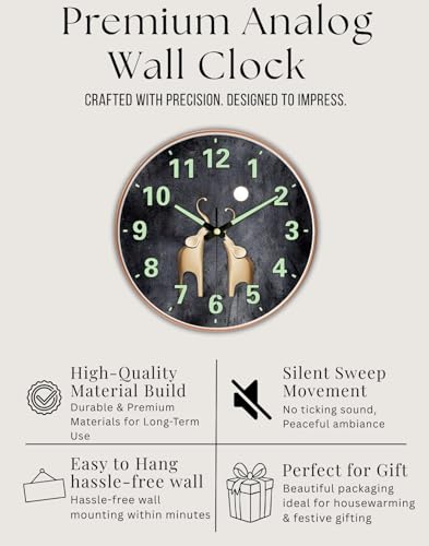 Image of WHISKET - 12 Inch | Luxury Designer Radium Wall Clock with Night Glow Numbers - Silent Analog Clock with Elegant Floral Design for Living Room, Bedroom & Office Decor. (Radium Elephant)