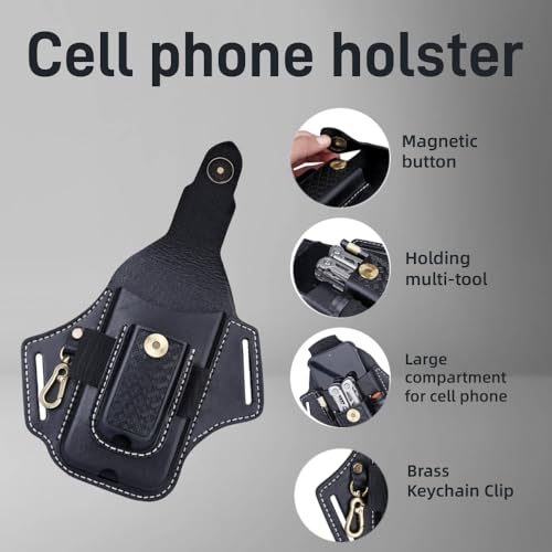 Image of Leather Cell Phone Holster Pouch Belt Case Multitool Camp EDC Sheath-Black | All-in-One EDC Organizer, Bottom Charging Port, Magnetic Closure,Full-Grain Leather,Gift for Camper,Retro Style Rigid Case