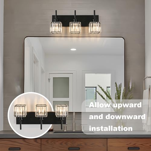 Image of Black Bathroom Vanity Light, 3-Lights Crystal Bathroom Lights Over Mirror, Modern Wall Light Fixtures with Crystal Square Shade