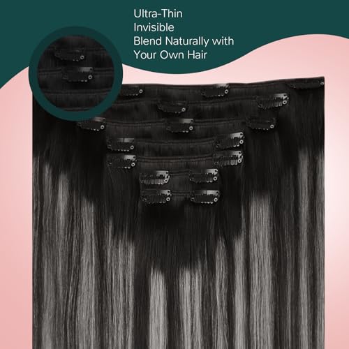 Image of Easyouth Clip in Hair Extensions Real Human Hair Ombre Hair Extensions Clip ins Real Human Hair Blend of Black and Silver with Black Roots Clips on Extension Human Hair 18Inch 120G 7Pcs