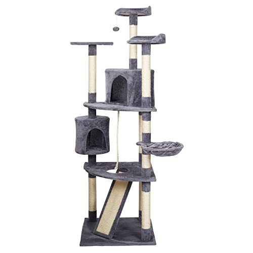Katzenkratzbaum hellgrau mit Sisal 198cm Kratzbaum mit Kratzbrett, Hängematte und Katzenhäusern