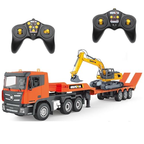 Fistone RC Semi Truck & Excavator Toy Set, 2.4Ghz Remote Control Flatbed Truck with Excavator Toys, 1:24 RC Semi-Trailer Engineering Tractor with Sound and Lights, Construction Vehicles Toy for Boys
