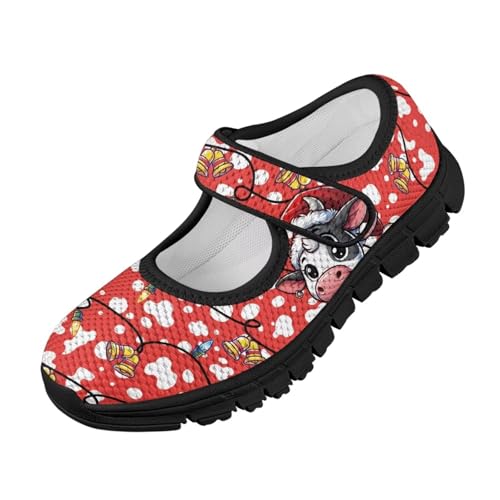Glomenade Christmas Cow Print Girls Mary Jane Sneakers Dress Shoes Athletic Walking Shoes Non-Slip Sole for Outdoor Camping Hiking