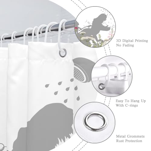 Image of Cat Dinosaur Shower Curtain Funny Cat Help Dino Bathe Behind Wildflowers Trex Silhouette Shadow for Kids Bathroom Home Decor Waterproof Polyester Fabric 72Lx60W Inch with Hooks