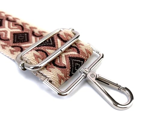 Image of Ivory Brown Boho Diamond Purse Strap with Silver Hardware 2 Inch Wide Replacement Crossbody Guitar Style Shoulder Strap for Handbags Totes