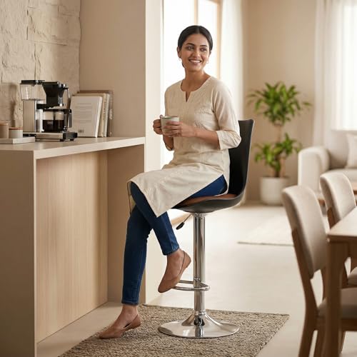 Image of RW Rapid Bar Stool Chair with Height Adjustable Design, Padded Seat & Footrest | Modern Metal Counter Stool for Kitchen, Home, Bar & Cafe Seating | Durable Comfort Chair| (Black & Tan, Set of 1)