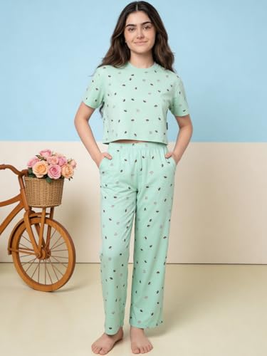 Image of Li'l Tomatoes Girls Cotton Night Suit Set | 100% Cotton Summer Co-Ord Set | Half Sleeve T-Shirt & Full Length Pajama | Soft & Breathable Printed Clothing Set | 9-16 Years
