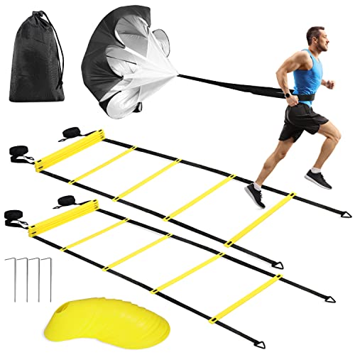 Buluri Échelle de Rythme, Entrainement Football Kit, 2 échelles d'Entraînement, 12 Disques, 4 Crochets, Parapluie de Résistance, Sac de Transport - Entraînement Athlétique.