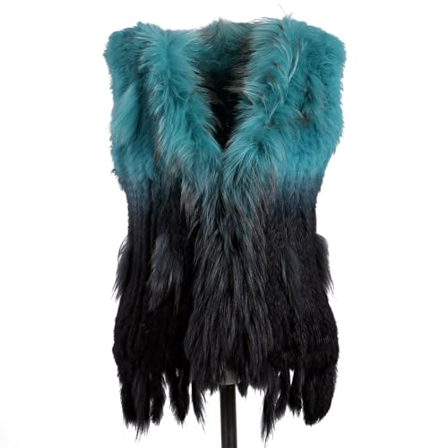 Women's Real Rabbit Fur Knitted Vest Raccoon Fur Collar Trim For Autumn Winter