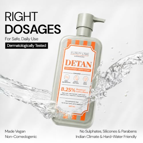 Image of Detan Brightening Body Wash with 8.25% Active Blend | Kojic Acid, Niacinamide, Alpha Arbutin, Salicylic Acid & Charcoal | Tan Removal, Skin Brightening, Dark Spot, Underarm & Body Pigmentation Wash for Women, Men, Boys, Girls & Teens | Sulphate Free | 400ml