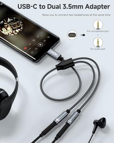 LERTOSEN USB C to Dual 3.5mm Female Headphone Splitter,Type C to Dual 3.5mm Female Aux Y Jack Headphone Adapter,USB C Microphone Adapter for iPhone 16/15 Pro Max/15 Pro/15 Plus,Galaxy S24/S23/ Ultra