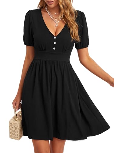 Image of Rooscier Women's Puff Short Sleeve V Neck Button Ruffle A Line Beach Mini Dress