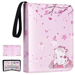 CLOKORIA Card Binder for Girls Gifts,440 Cards Collectible Trading Card Holder Case with 55 Sleeves, 4 Pocket for TCG Game Cards Collection Sports Trading Cards Collector Album (Sakura cat)