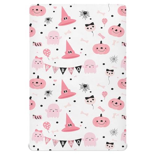 Image of Pfrewn Cute Halloween Crib Sheets for Girls Cute Pink Ghosts Pumpkin Fitted Crib Sheet for Mini Crib Mattress Stretch Soft Toddler Baby Playard Sheet, 39x27x5IN