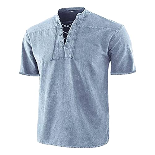 Générique Chemise Lin Casual Homme - Chemisette d'été à Manches Longues, Chemise à Revers Ample T-Shirt de Vacances Chemise de Plage en Coton Lin (Bleu,M)