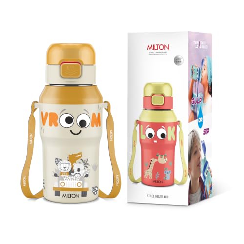 Image of Milton Steel Helio 400 Thermoware Water Bottle 370 ml with One Touch Safety Lock & Twin Lid Sip or Gulp, Long Hours Hot & Cold, Leak Proof, ISI Certified, PU Insulated, for Kids, Gym, School, Brown