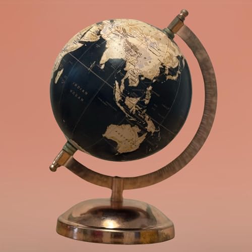 EXERZ Globo Terráqueo Decorativo de 13 cm - Mapa en Inglés, Base de Bronce, Diseño Artesanal (Negro)