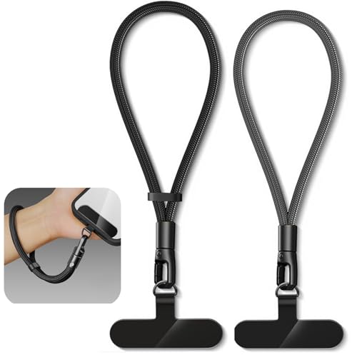 YUNYU Cadena corta para teléfono móvil [2 unidades], correa antideslizante corta para teléfono móvil con 2 mosquetones, correa de mano universal para smartphone, cámara, llaves (negro), ferroso, talla