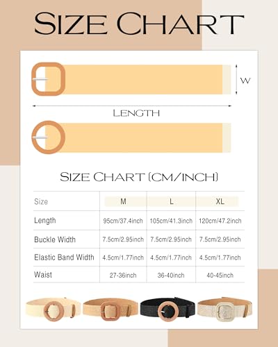 Image of WILLBOND 4 Pcs Women's Elastic Raffia Woven Belt, Boho Rattan Buckle Stretch Straw Wide Waist Belt for Dresses Jeans Pants