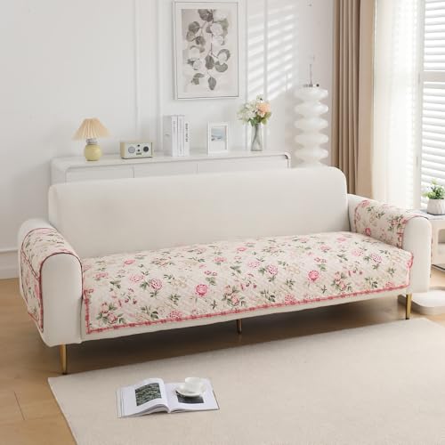 Image of HOKIPO 'HomeHues Series' Printed Quilted Sofa Seat Mat for 2 Seater Sofa with 2 Armrest Covers with Pockets, Beige Peonies (IN-807-D3 + IN-814-D3*2)