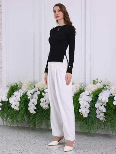 Image of Hobemty Women's Long Sleeve Pullover Sweater 2025 Spring Boat Neck Split Hem Casual Work Ribbed Knit Top