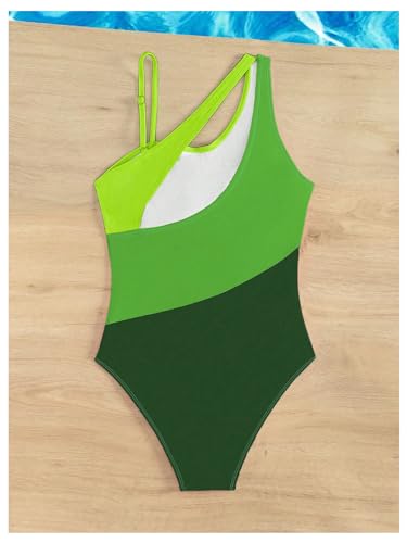 MakeMeChic Girl's Color Block One Piece Swimsuit Asymmetrical Neck One Shoulder Tummy Control Bathing Suit2