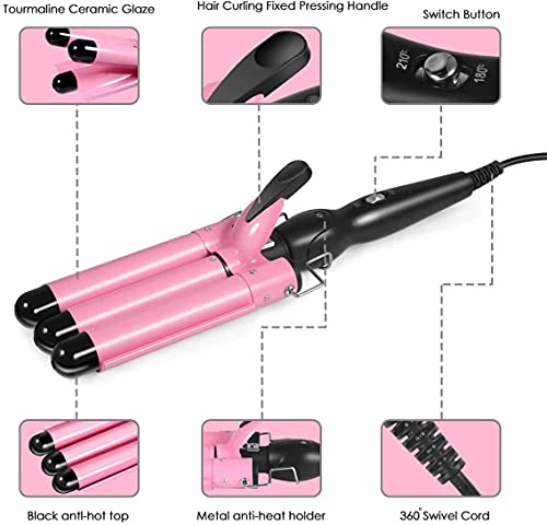 Plancha para rizar cabello de 3 barriles, plancha onduladora de 1 pulgada (25 mm), plancha para rizos con temperatura ajustable, calentamiento rápido, color rosa miniatura 3