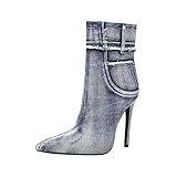 vivianly Women's Denim Ankle Booties Cowboy Cowgirl Boots Pointed Toe Stiletto High Heel Short Boots Denim blue size 8