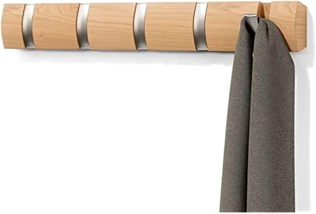 Umbra 5 Flip Wall Mounted Floating Rack Modern, Sleek, Space-Saving Hanger with Retractable Hooks to Hang Coats, Scarves, Purses and More, Black/Walnut