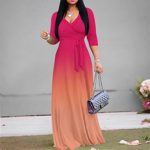 Image of PinkPatty Women's Plus Size Maxi Dresses Casual Flowy 3 /4 Sleeves Dress Printed Vacation Dress for Daily Wear with Belt