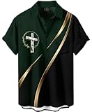 GoofyDaddy Men's Religious Cross Button Down Shirt, Forest Green and Black, Short Sleeve, Regular Fit, Gold Stripe Design