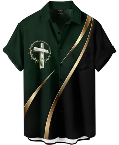 GoofyDaddy Men's Religious Cross Button Down Shirt, Forest Green and Black, Short Sleeve, Regular Fit, Gold Stripe Design