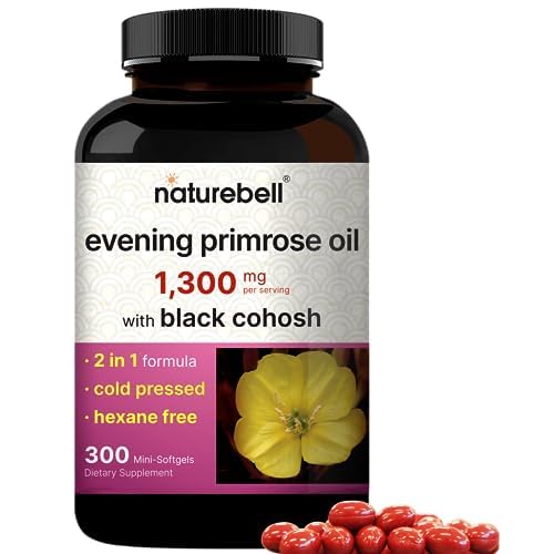 NatureBell Evening Primrose Oil with Black Cohosh, 1,300mg Per Serving, 300 Mini-Softgels | Cold Pressed Seeds, Retains 130mg GLA for Womens Health & Skin Care Support β Hexane Free, Non-GMO
