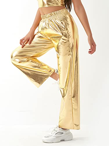 Women's Shiny Metallic Holographic High Waisted Straight Wide-Leg Long Pants Trousers Clubwear with Pockets3