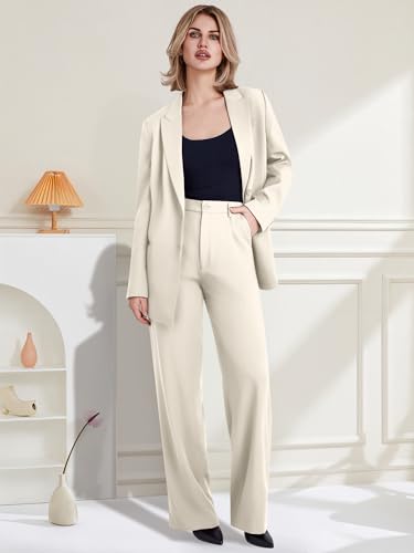 Women's 2 Piece Suit One Button Business Casual Office Work Outfits Dressy Blazer Wide Leg Pants Set Beige4