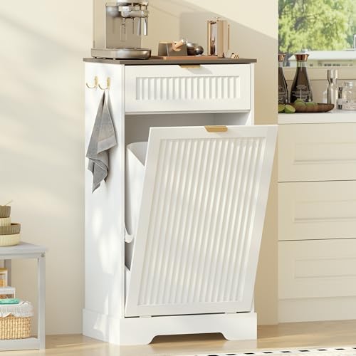 Image of Single 13 Gallon Tilt Out Trash Can Cabinet,Garbage Cabinet with Drawer | Hidden Garbage Storage with Fluted Design, Drawer & Hooks for Kitchen, Dining Room and Small Space Organization,White