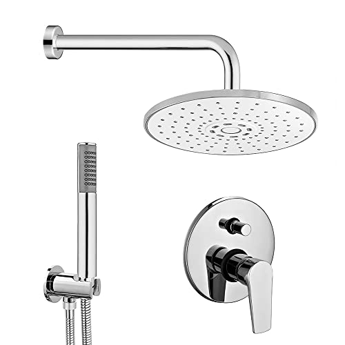 Set Doccia con soffione e doccetta da Incasso, Completo di Miscelatore con deviatore a 2 Vie e Presa d’Acqua con Flessibile