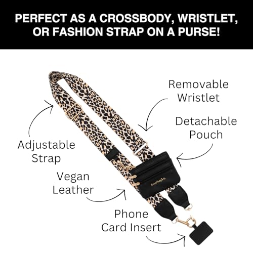 Image of Save the Girls Original Clip and Go Phone Strap (Leopard - Black Pouch) - Crossbody Phone Strap Chain with Zipper Wallet Pouch - Phone Lanyard with Zippered Pouch