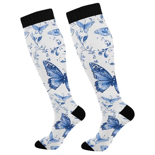 Wassud Blue Butterflies Compression Socks for Women and Men 20-30 mmHg Knee High Socks for Nurses Travel Socks 2 Pair