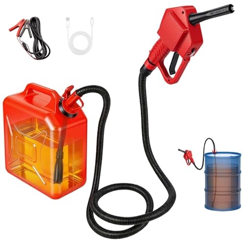 Portable Fuel Transfer Pump with Auto-Stop & Hand Nozzle 80 Pumping lift fit different gas barrel sizes and depths no adapters needed 3.8GMP mulitiple power supply for Gasoline Diesel Kerosene