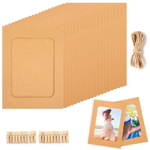 Gyxcelc Cadre Photo en Papier 11.5 * 15.5CM DIY Cadre Photo Carton 20 Pièces Brun Cadre en Carton pour Photo avec 20 Clips et Cordes, pour Décoration Murale