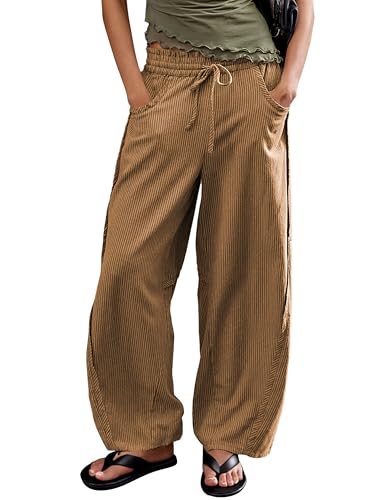 Ziqoty Women's Striped Barrel Pants Drawstring Waist Wide Leg Trousers with Pockets Casual Comfort for Office Lounge Travel(Brown-S)