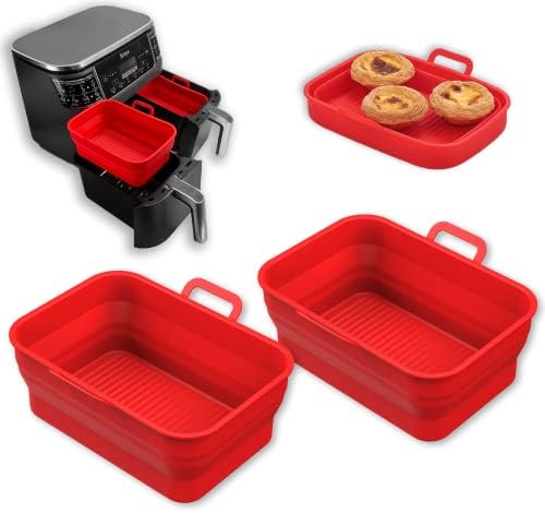 Vangerute Collapsible 2-Pack Silicone Air Fryer Liners, 8QT & 10QT Rectangular Air Fryer Silicone Pot, Reusable Silicone Air Fryer Basket for NINJA Foodi Dual Air Fryer Accessories(Red)