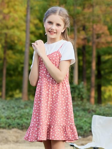 GORLYA Girls Skirt Sets Casual Short Sleeve Knit Tops and Floral Ruffle Hem Summer Cami Dress 2PCS Outfit Clothes 6-14Y3